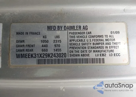 2009 Smart Fortwo Brabus/Passion z USA, uszkodzony, nr VIN WMEEK31X29K243020